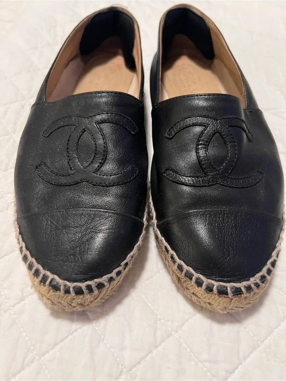 CHANEL Black Leather Espadrille Flats with CC Logo.